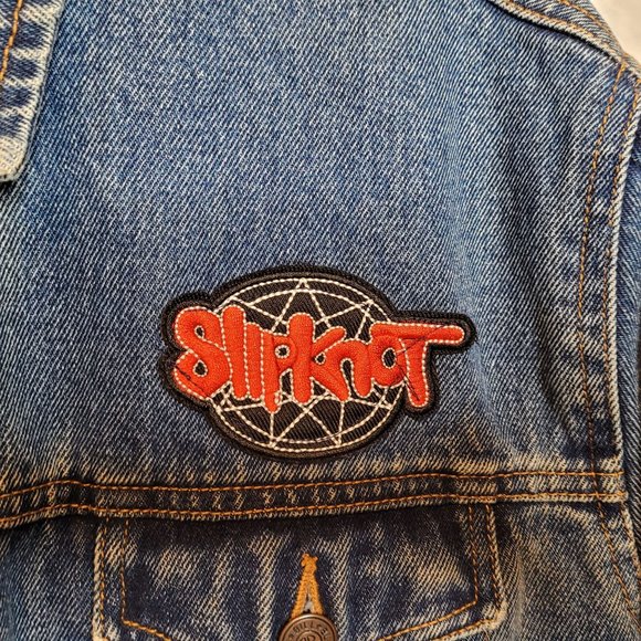 Vintage Bill Blass Denim Jacket Disturbed Upcycle Patch Band Womens Petite Large - Picture 8 of 9